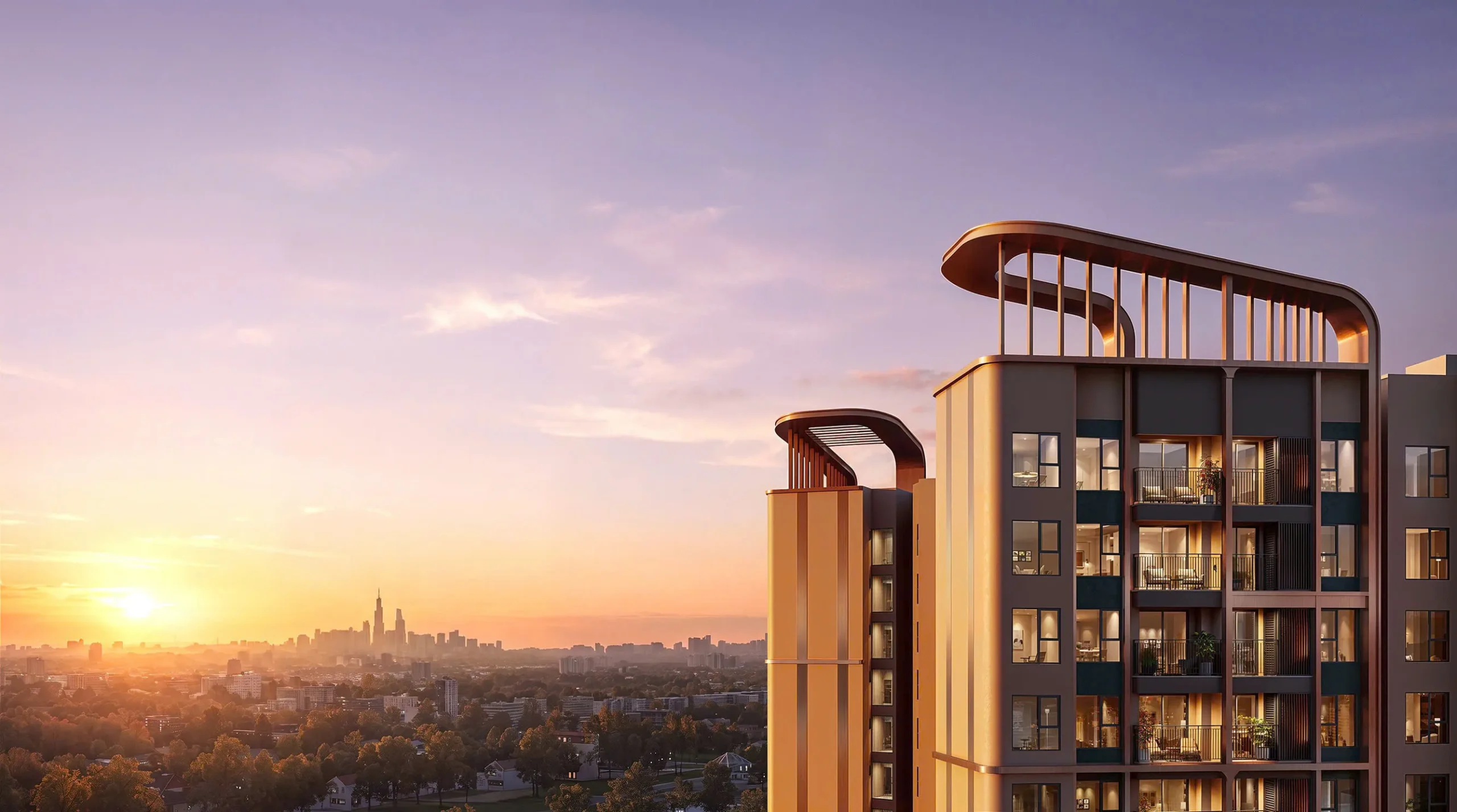 Góc mặt đứng căn hộ Norton Park lúc hoàng hôn với 95% căn hộ 2 mặt thoáng