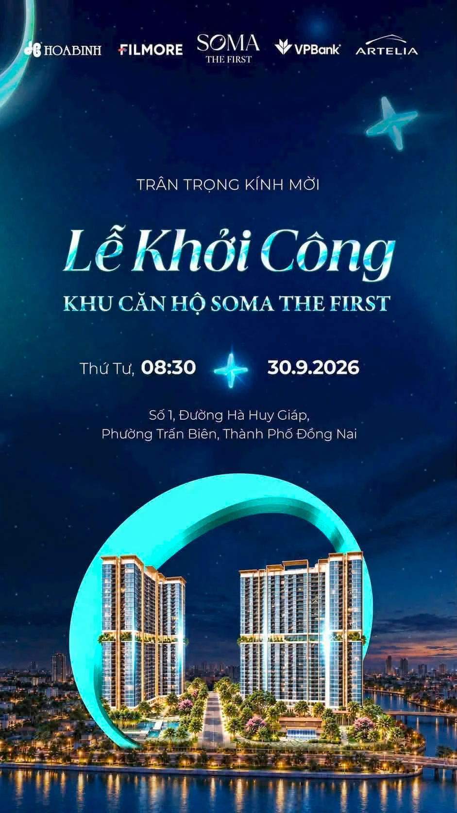 Thiệp mời lễ khởi công khu căn hộ SOMA The First, 8h30 thứ Tư ngày 30/9/2026, số 1 đường Hà Huy Giáp, phường Trấn Biên, Đồng Nai