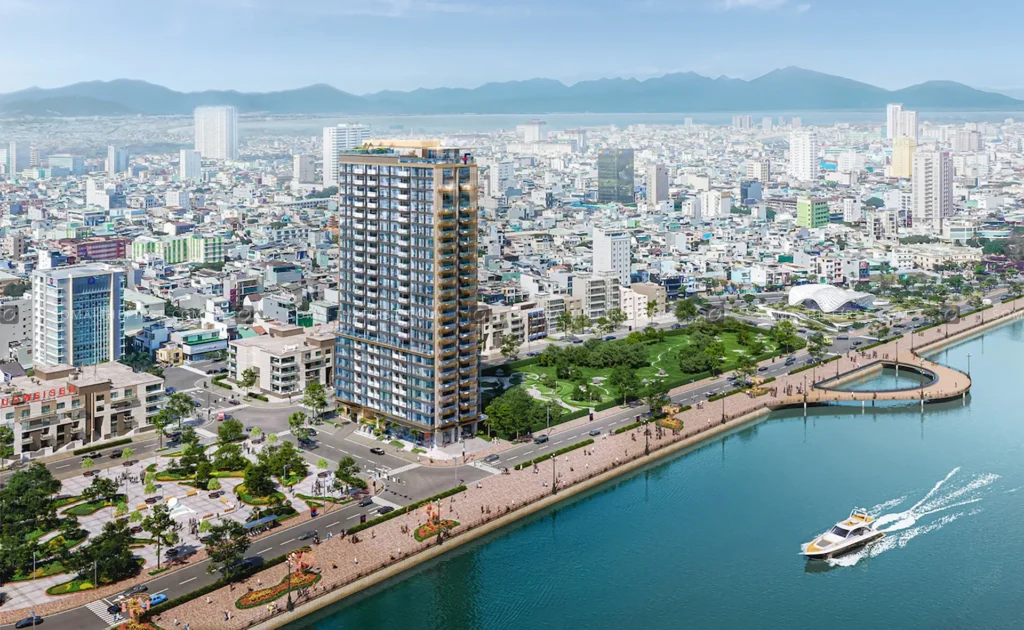 Toàn cảnh tòa nhà The Filmore Đà Nẵng nằm cạnh sông Hàn nhìn từ trên cao